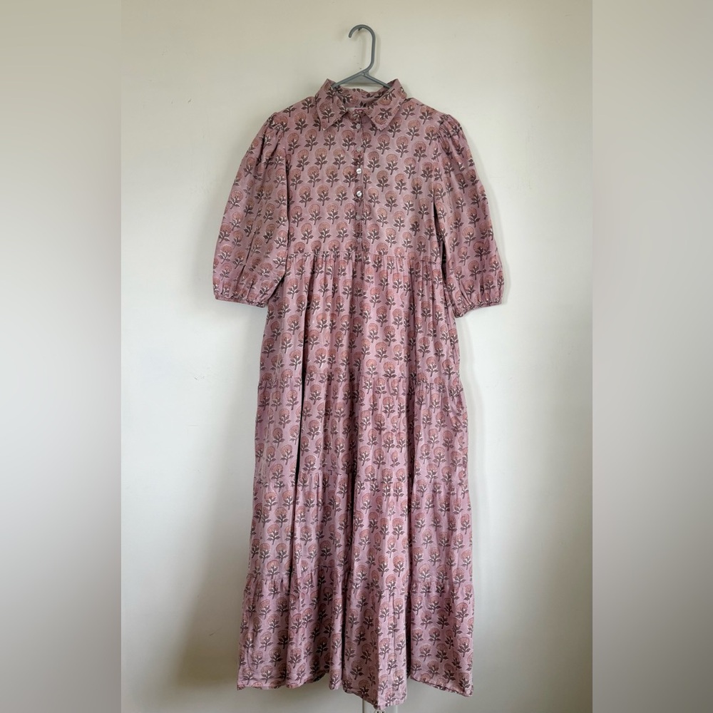 Victoria Dunn Hand Block Printed Tiered Maxi Cotton Dress, Lined, Small, Pink - Picture 2 of 9